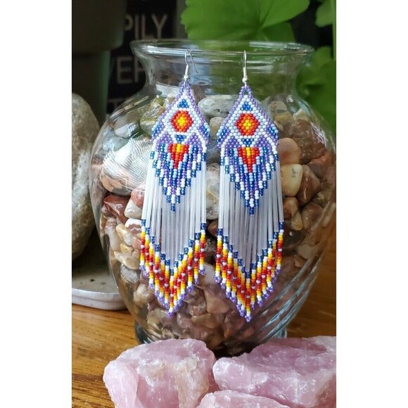 Beaded Bohemian Dangle Earrings With Southwestern Geometric Design & Fringe - Picture 2 of 2
